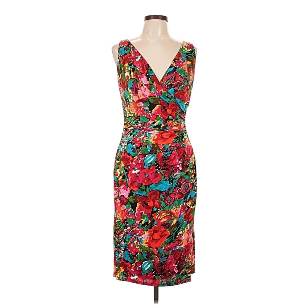 NWT Lauren Ralph Lauren Floral Faux Wrap Ruched Sleeveless Midi Dress Womens 10P